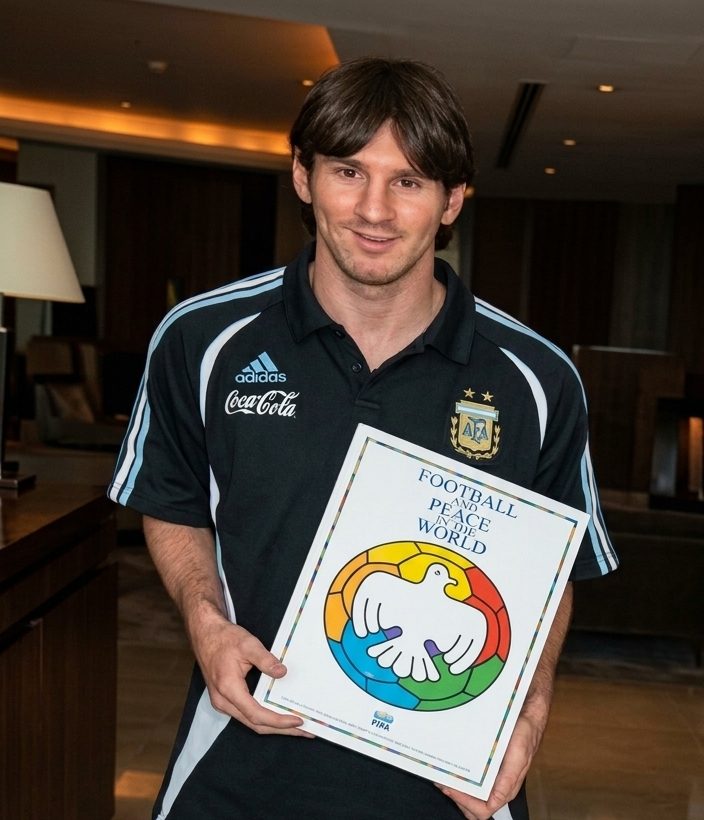 Lionel Messi with the book Football and Peace in the World